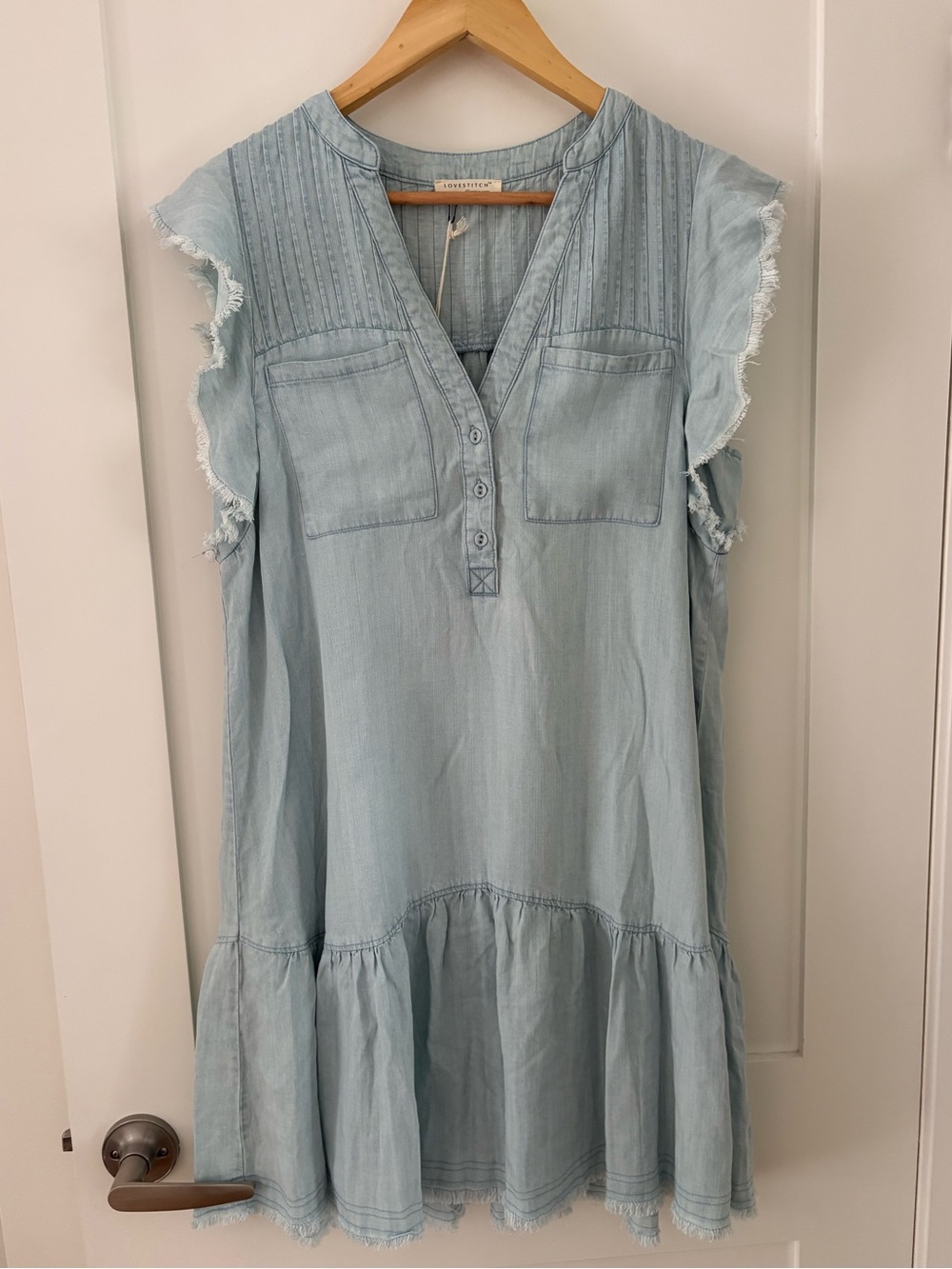 NWT Lovestitch Chambray Boho Frayed Sleeve Tiered Babydoll Dress Blue • small